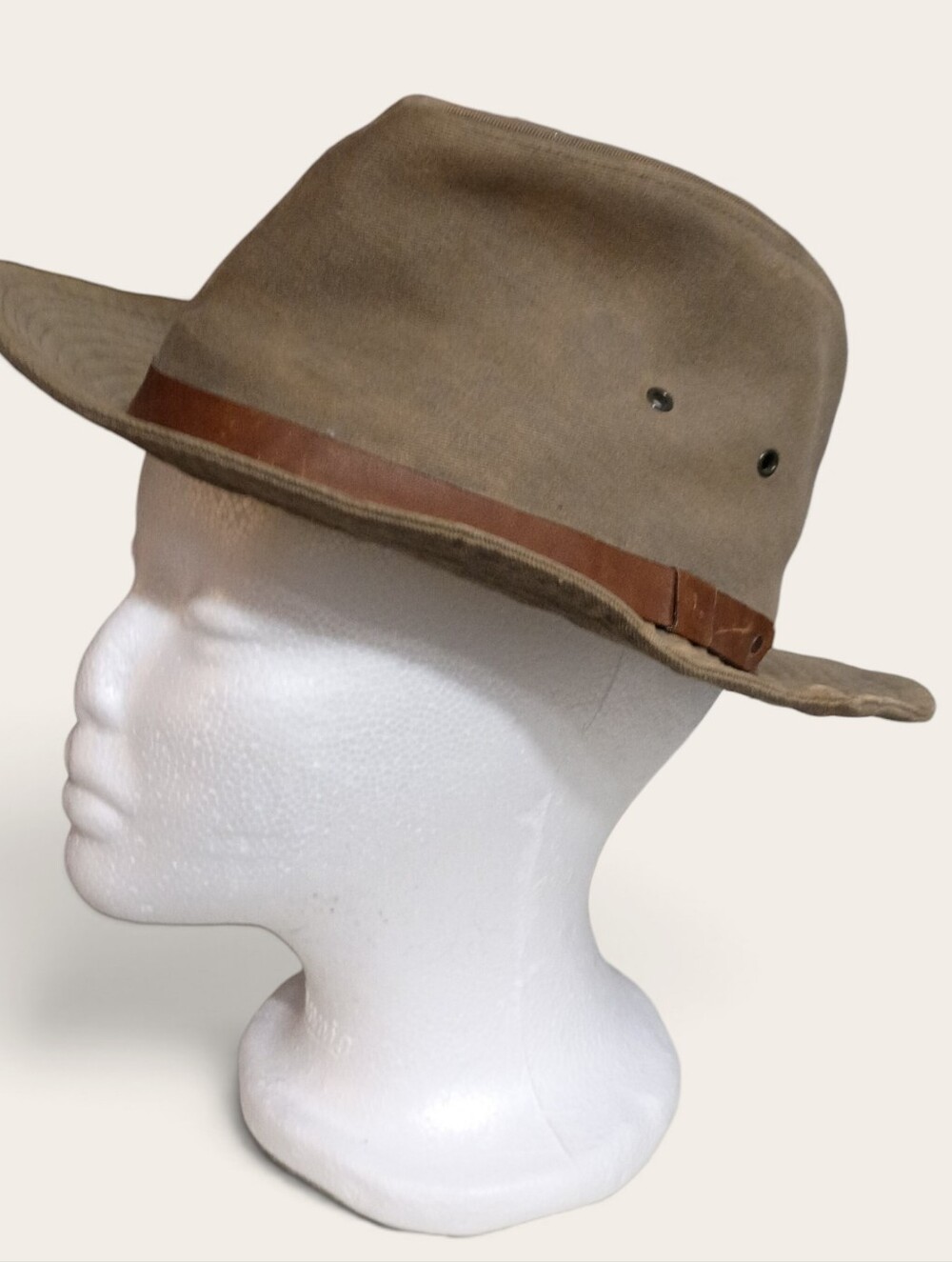 REI Vintage Olive Green Canvas Outback Hat with Brown Leather Band